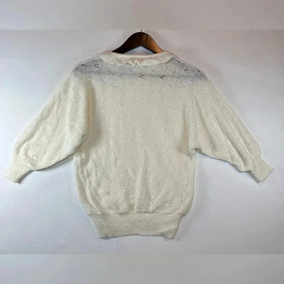 VTG pointelle knit ivory sweater size S-M (see measurements) ruffle neck romance - Picture 8 of 8